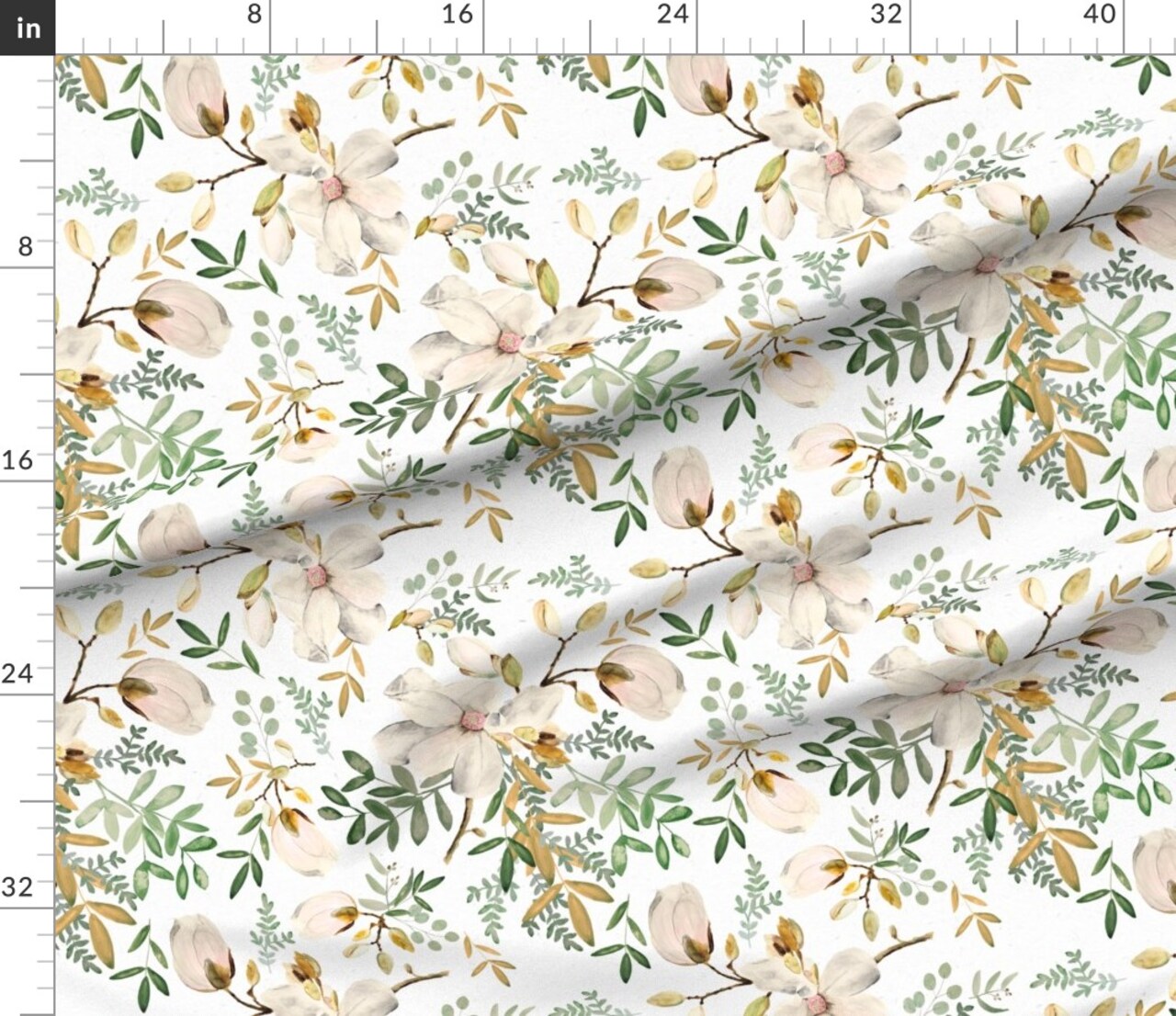 Botanical Magnolia Eucalyptus Green Watercolor Floral Wedding Nursery Cream Spring Flowers Custom Printed Fabric by Spoonflower Various Fabrics by the Yard or Fat Quarter